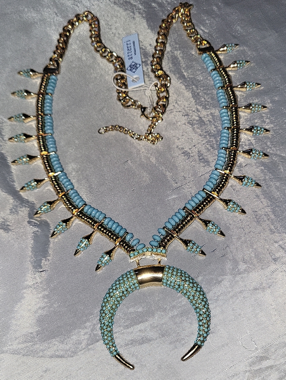 Atterri Gold Crescent Pendant Necklace with Pale Blue Beaded Accents HL